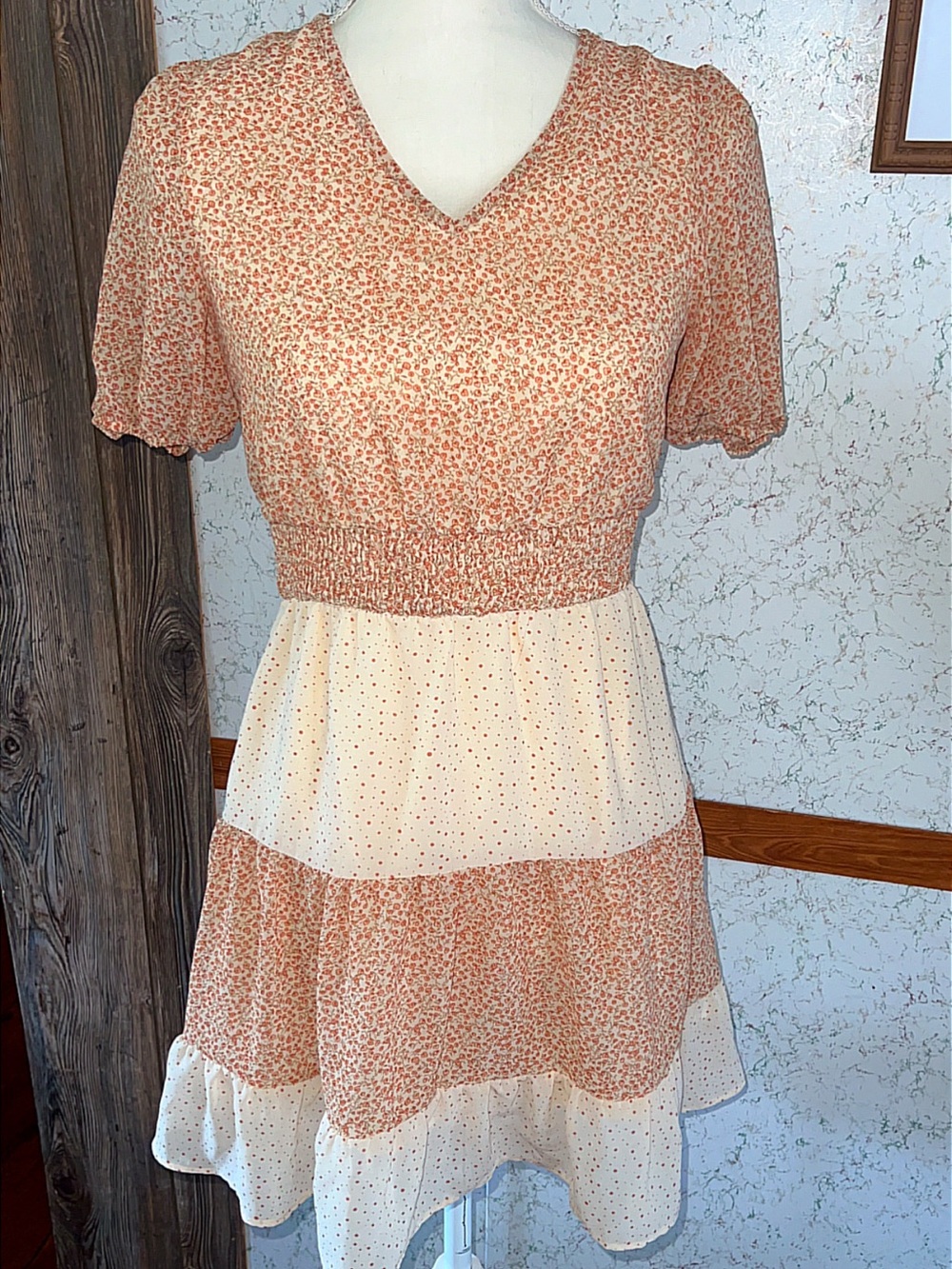 Paper Crane Floral Tiered Dress XS Cream Rust